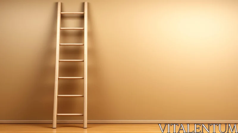 Warm Wooden Ladder Against Beige Wall AI Image