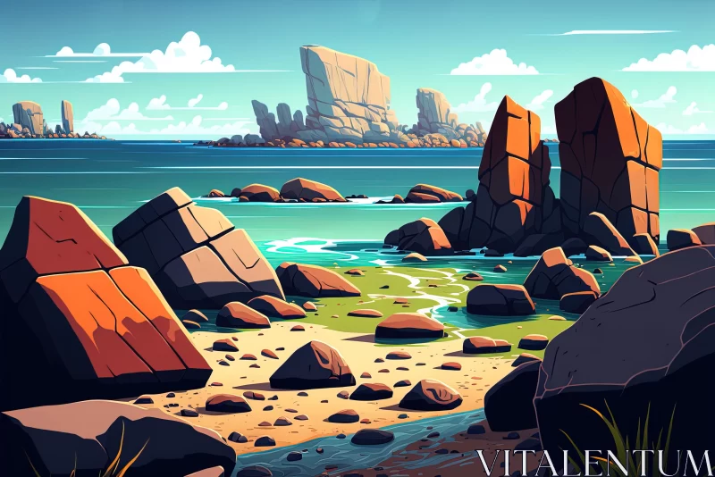 Bold Illustration of a Beach with Rocks and Water AI Image
