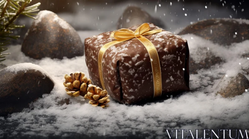 Brown Gift Box on Snowy Background - Festive Holiday Image AI Image