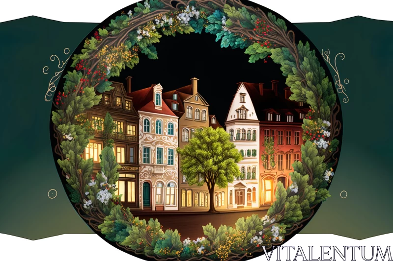 Captivating Town and Tree Artwork with Baroque and Art Nouveau Elements AI Image