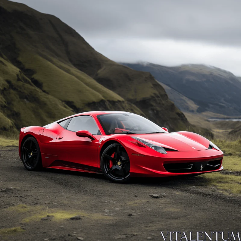 Extravagant Red Ferrari on Gravel Road with Scottish Landscapes AI Image
