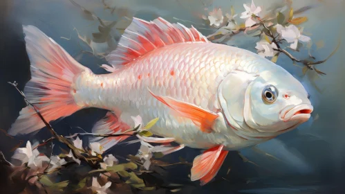 Tranquil Koi Fish Painting with Cherry Blossoms
