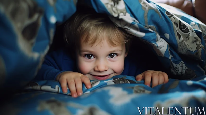 Adorable Toddler Boy under Blue Blanket with Football Pattern AI Image