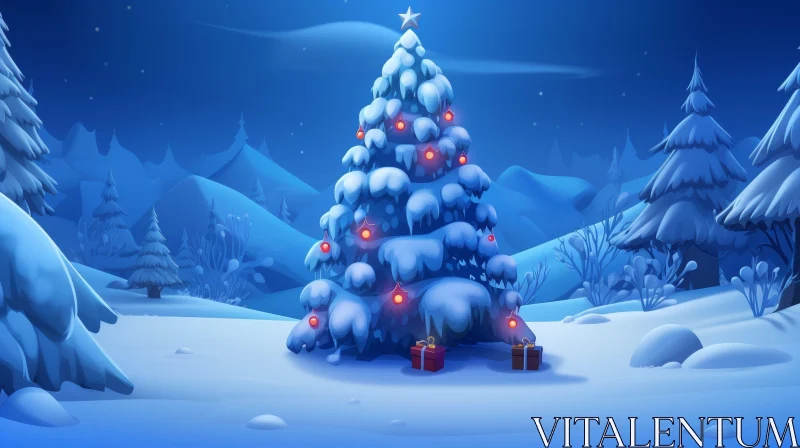 Cartoon Christmas Tree in Snowy Forest AI Image