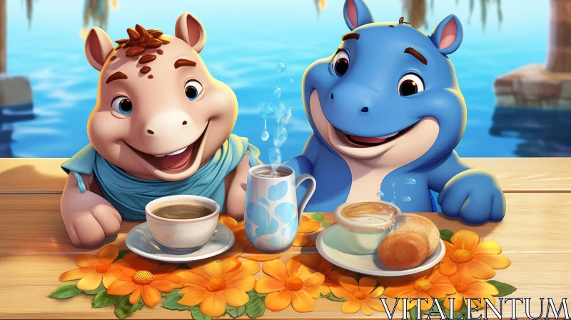 Cheerful Hippos at Table with Flowers AI Image