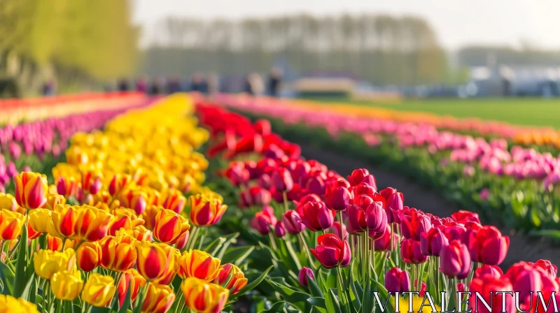 Colorful Tulip Field with People in the Distance AI Image