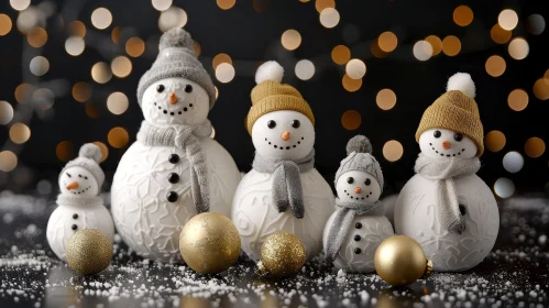Snowmen Family in Winter Scene