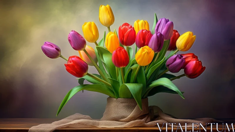 Tulips Still Life on Wooden Table AI Image
