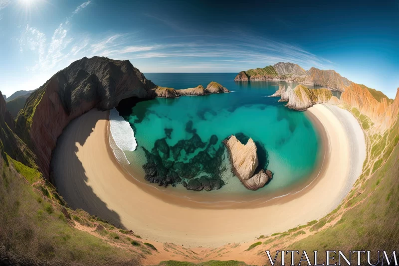 Colorful 360-Degree View of Sandy Beach Surrounded by Rocks AI Image
