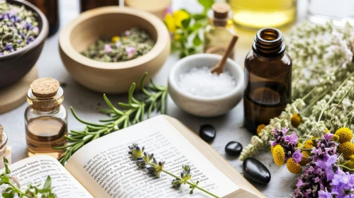 Naturopathy and Herbal Medicine Concept with Glass Jars and Lavender
