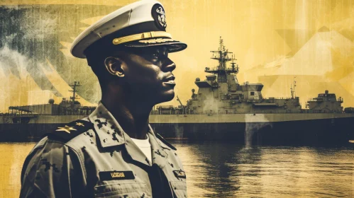 Serious Black Male Naval Officer in Front of Grey Warship