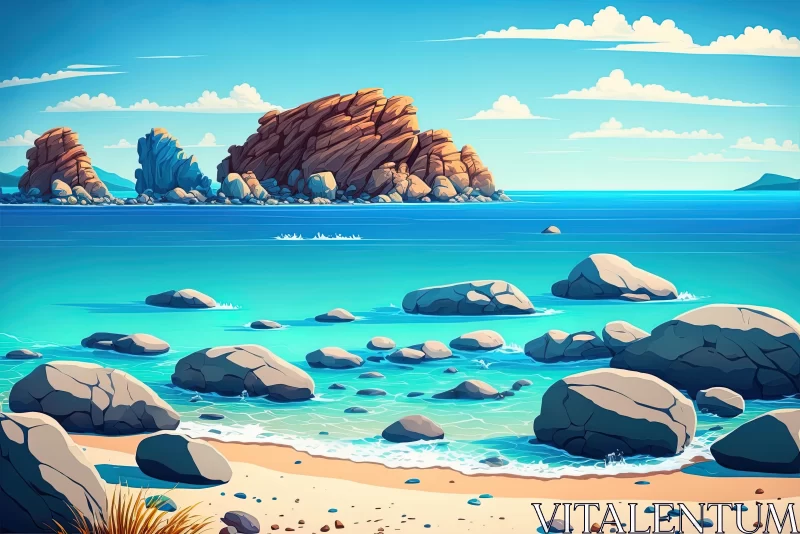 Cartoon Sea Background with Rocks and Waves | Realistic Landscape Paintings AI Image