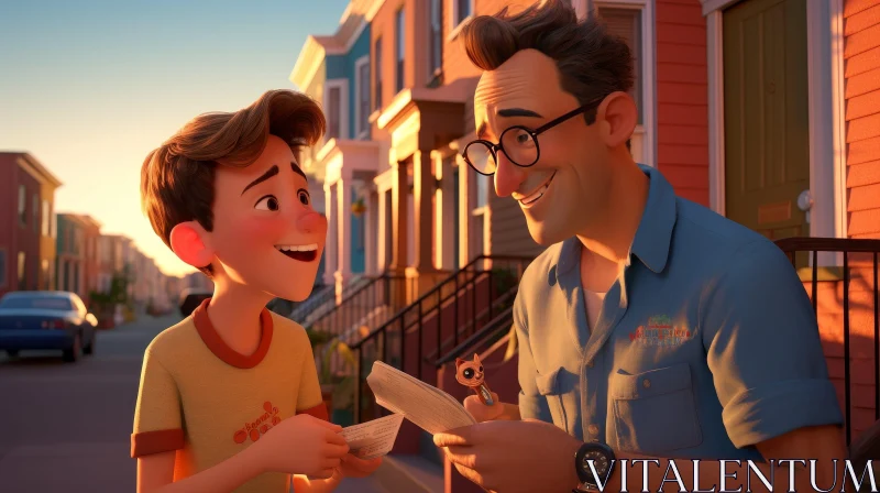 Father and Son 3D Animation on Colorful Street AI Image