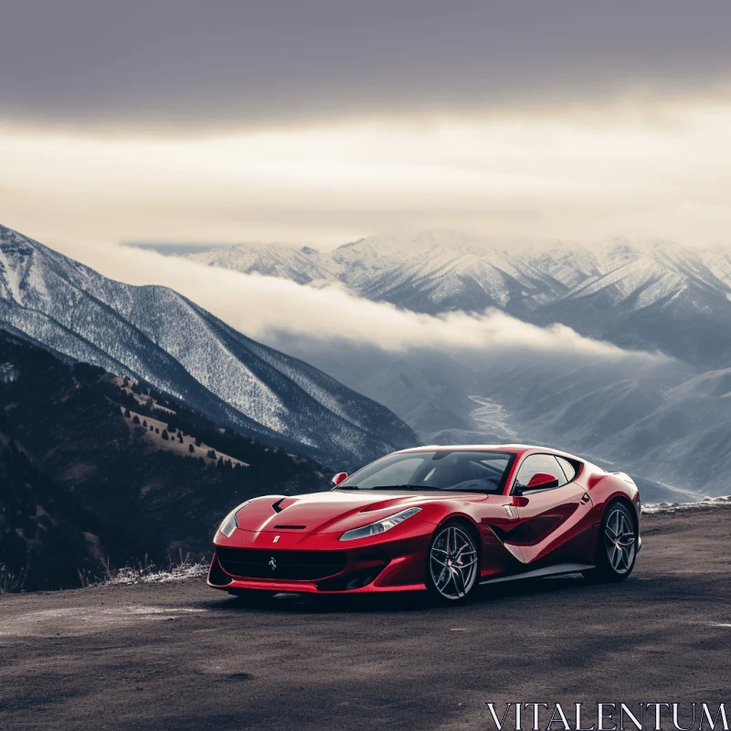 Ferrari Sports Car in Front of Majestic Mountains | Breathtaking Large-Scale Photography AI Image
