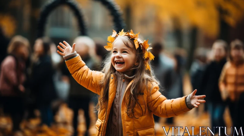 AI ART Joyful Little Girl in Yellow Jacket and Maple Leaf Wreath