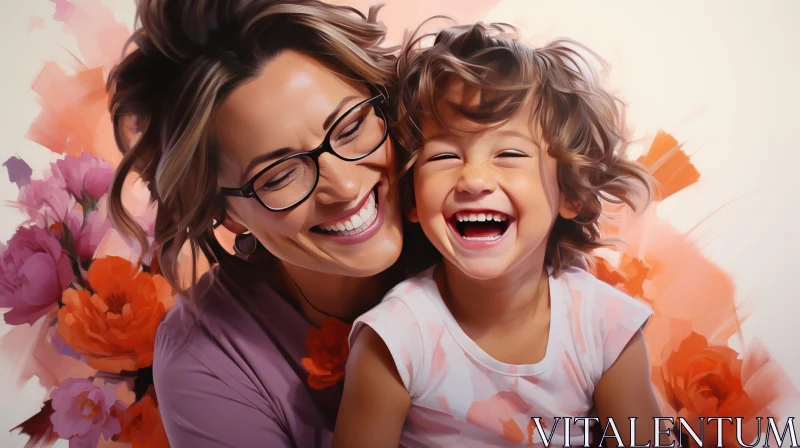 AI ART Joyful Mother and Daughter in Pink Background