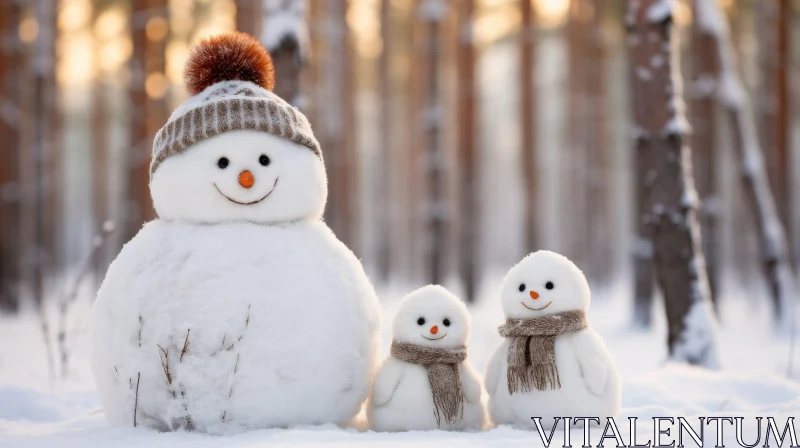 Snowman Family in Winter Forest AI Image