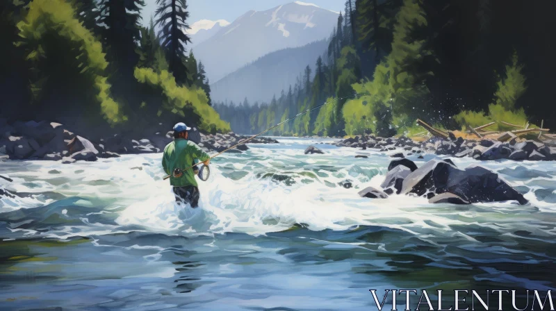Man Fly Fishing in River Painting AI Image