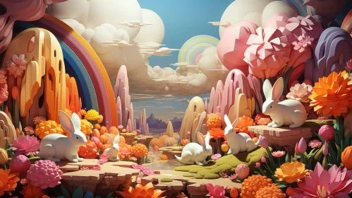 Whimsical Surreal Landscape with Rabbits in Vibrant Meadow
