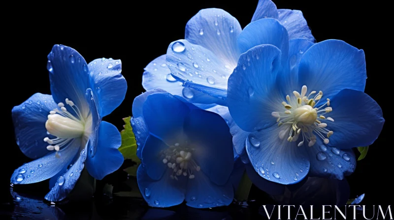 AI ART Blue Flowers with Water Drops - Close-up Composition