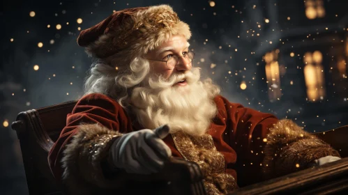 Cheerful Santa Claus in Sleigh Winter Scene