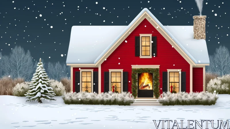 Christmas Cozy House in Snowy Landscape AI Image