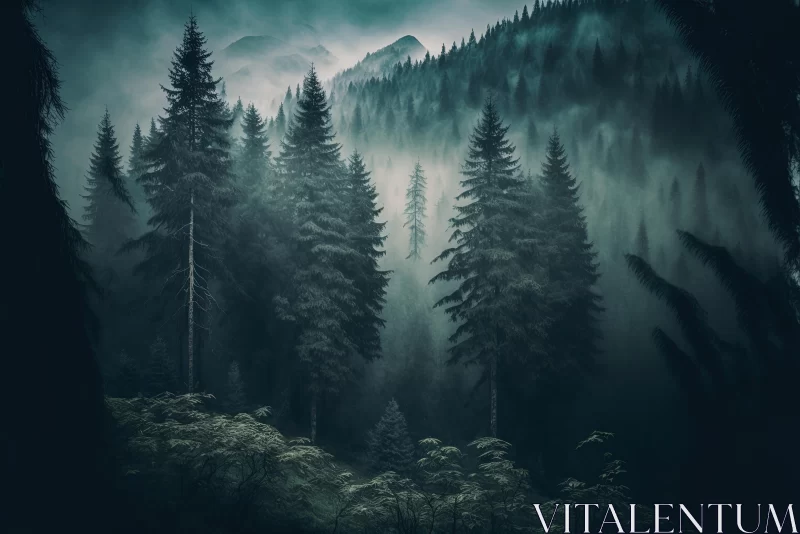 Enchanting Pine Trees in a Foggy Mountain - Epic Fantasy Scene AI Image