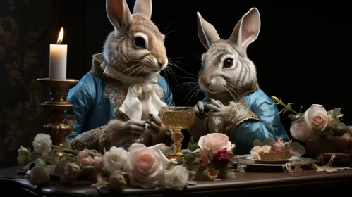 Enchanting Scene: Rabbits in Human Attire Enjoying Wine