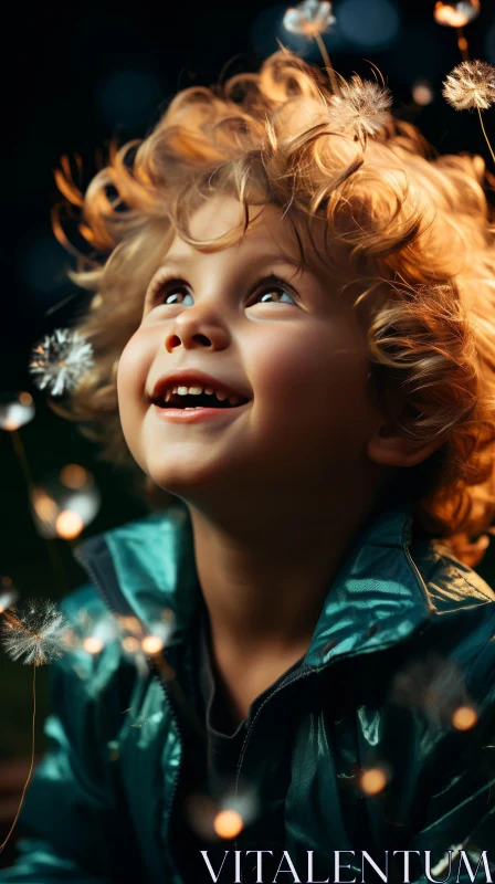 Happy Little Boy Portrait with Dandelion Seeds AI Image