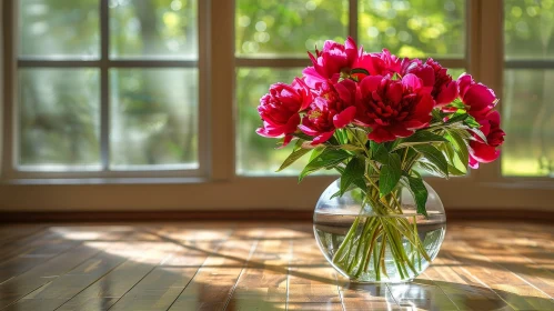 Pink Peonies Still Life on Wooden Table