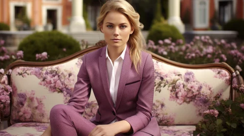 Serious Blonde Woman in Pink Suit on Floral Couch