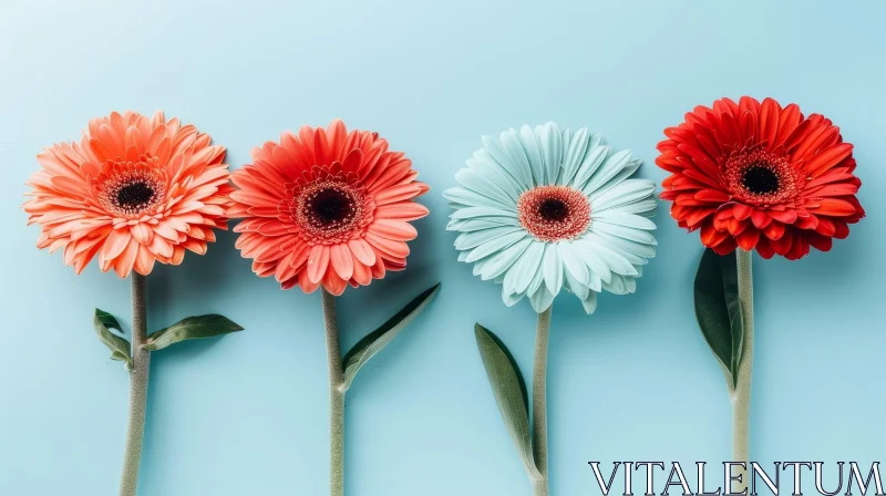 Vivid Gerbera Flowers on Blue Background AI Image