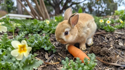 Adorable Bunny in Garden Eating Carrot