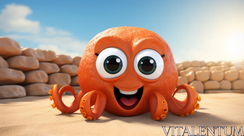 Cartoon Octopus on Beach - 3D Illustration AI Image