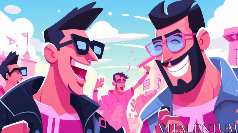 Cheerful Cartoon Men in Pink Shirts | Sky Illustration AI Image