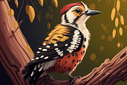 Colorful Woodpecker Perched on Tree Branch - Cartoon Realism