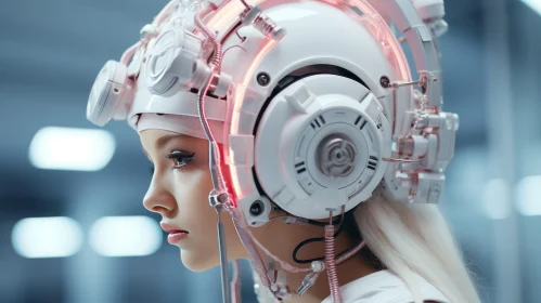 Futuristic Woman in White Helmet Meditation