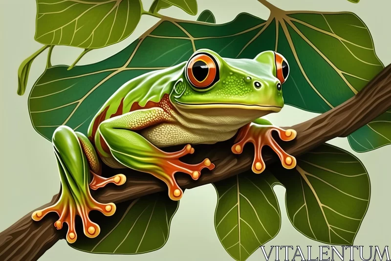 Green Frog on Tree Branch - Hyper-realistic Animal Illustration AI Image