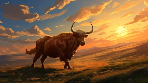 Highland Cow in Field at Sunset