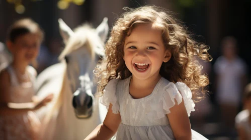 Joyful Little Girl with White Horse