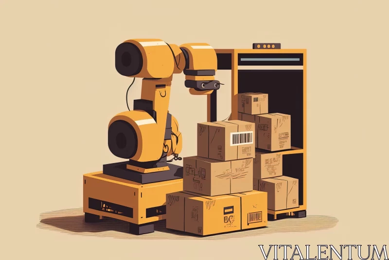 AI ART Mechanical Robot and Boxes: Editorial Illustration in Light Yellow