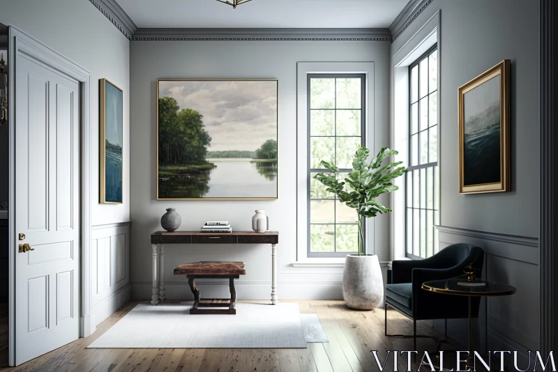 Modern Hallway with Wooden Floor and Framed Picture | Hudson River School Style AI Image