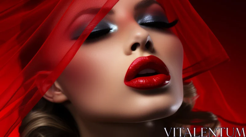 AI ART Red Veil Beauty: Young Woman in Close-Up