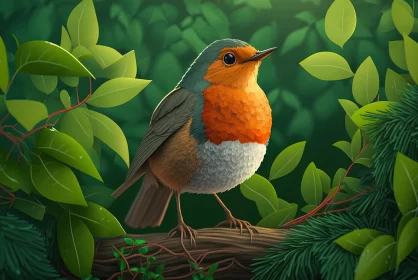 Serene Robin Illustration in Vibrant Forest Setting