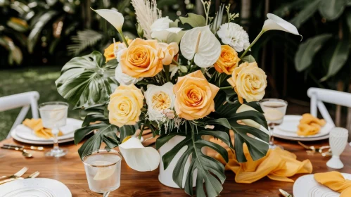 Tropical Themed Table Setting with Floral Centerpiece