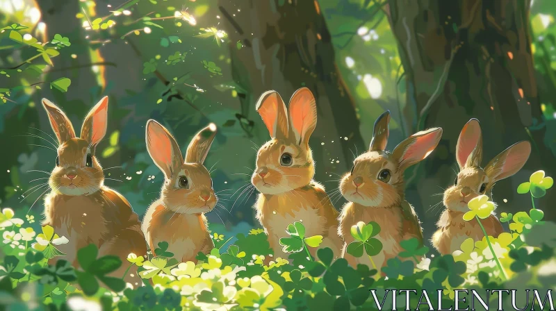 Whimsical Field Painting with Colorful Rabbits AI Image