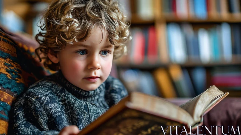 Young Boy Reading in Library - Thoughtful Expression AI Image