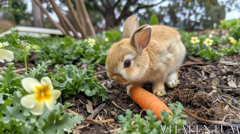 Adorable Bunny in Garden Eating Carrot AI Image