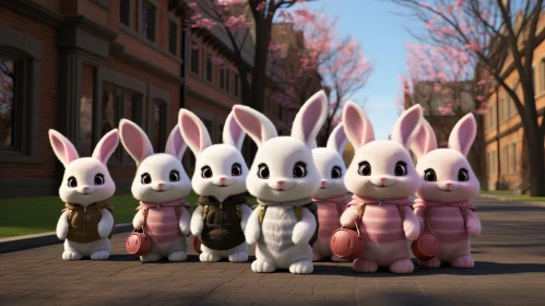 Adorable Cartoon Rabbits in Different Outfits on Street