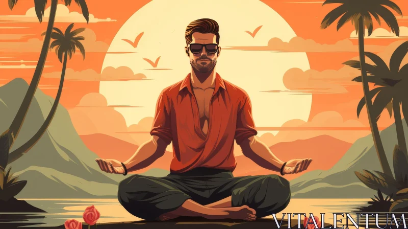 AI ART Meditation at Sunset on Beach - Serene Man in Red Shirt